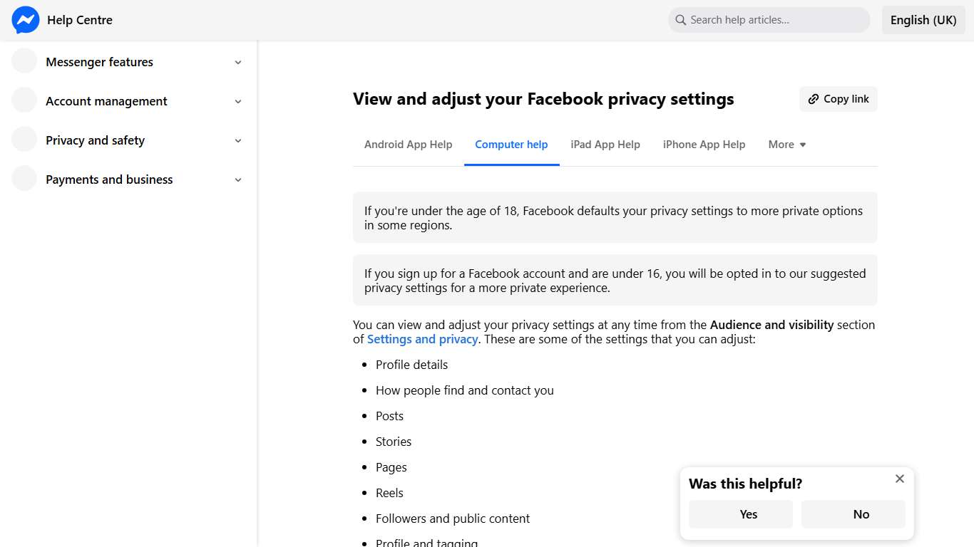 View and adjust your Facebook privacy settings Messenger Help Centre