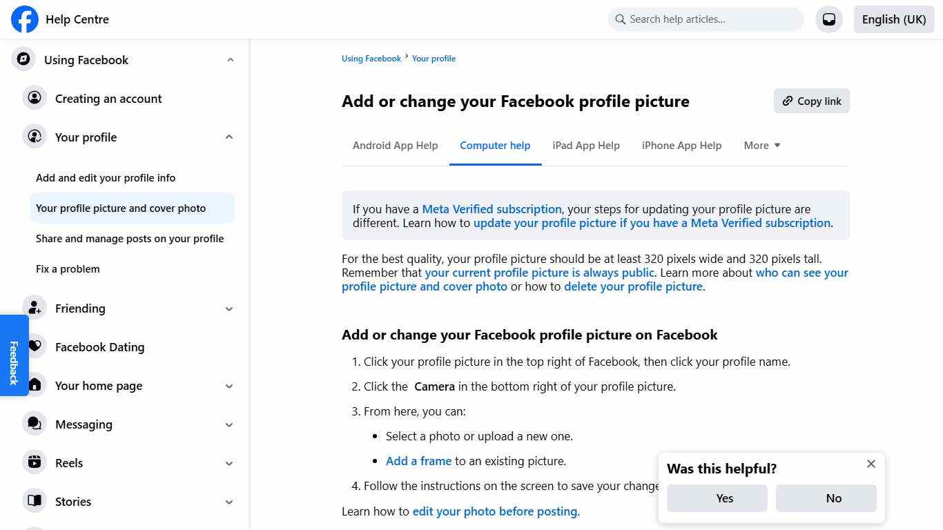 Add or change your Facebook profile picture Facebook Help Centre